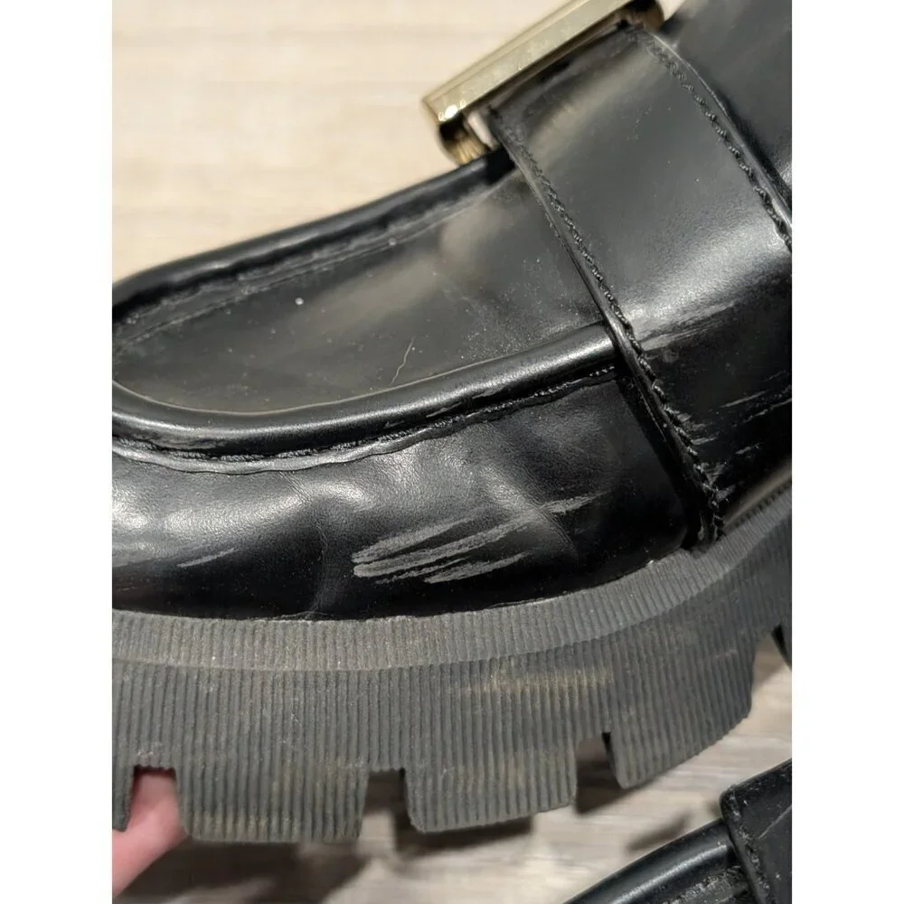 Zara Women's Back Loafers Chunky Platform Metal Buckle Shoes Y2K Slip-ons Sz 38